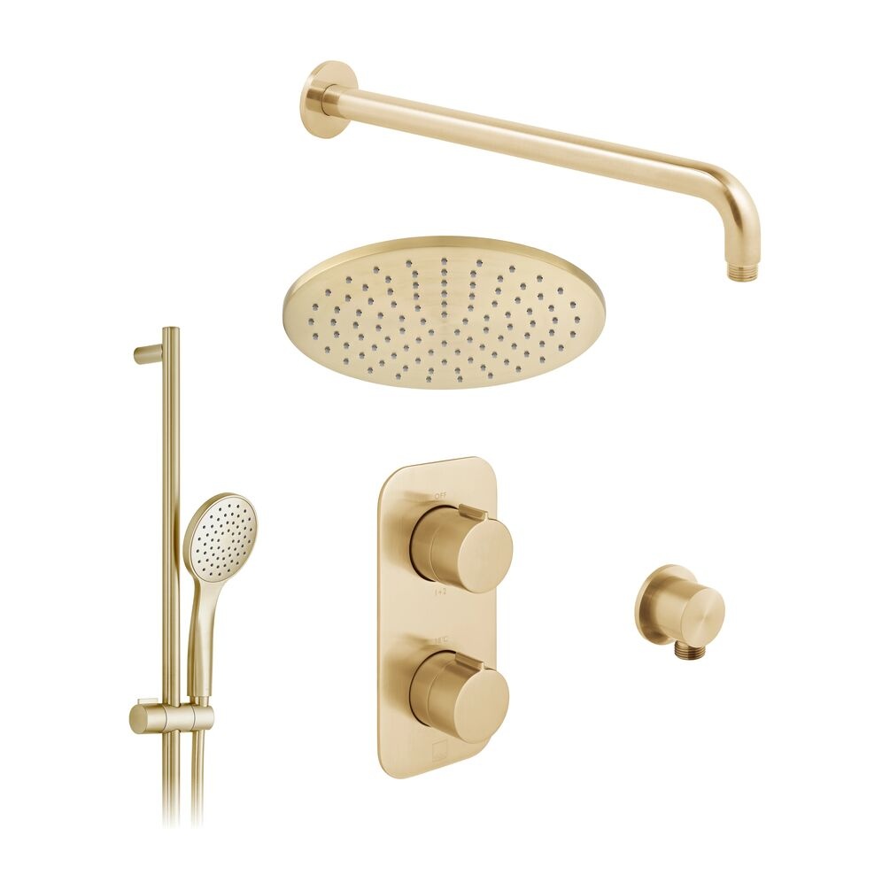 Cutout image of Vado Individual Brushed Gold Round Dual Outlet Slide Rail Shower Pack